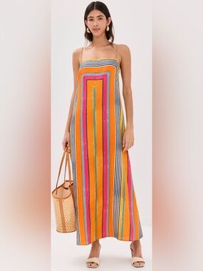 STAUD Laura Dress Multi Bayadere Stripe Orange Multi Geometric Stripe Sz Large